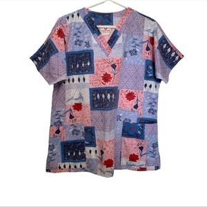 4/$20 White cross scrub top sz Medium floral patchwork multi color